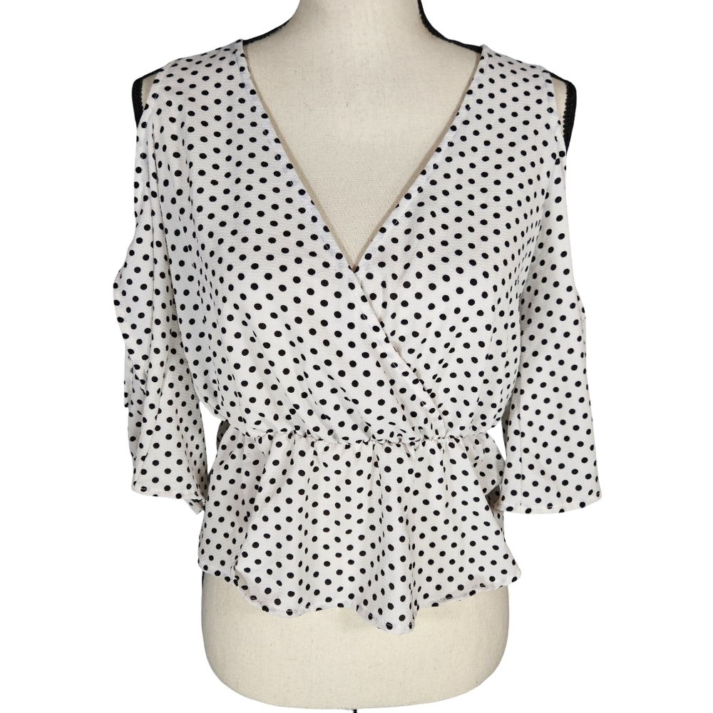 The Outfit Polka Dot V Neck Peplum Blouse, Black/White, XS